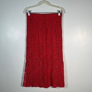 Ultra Pink Red Crochet Lace Midi Skirt Size M Boho Chic Lined Spring Summer